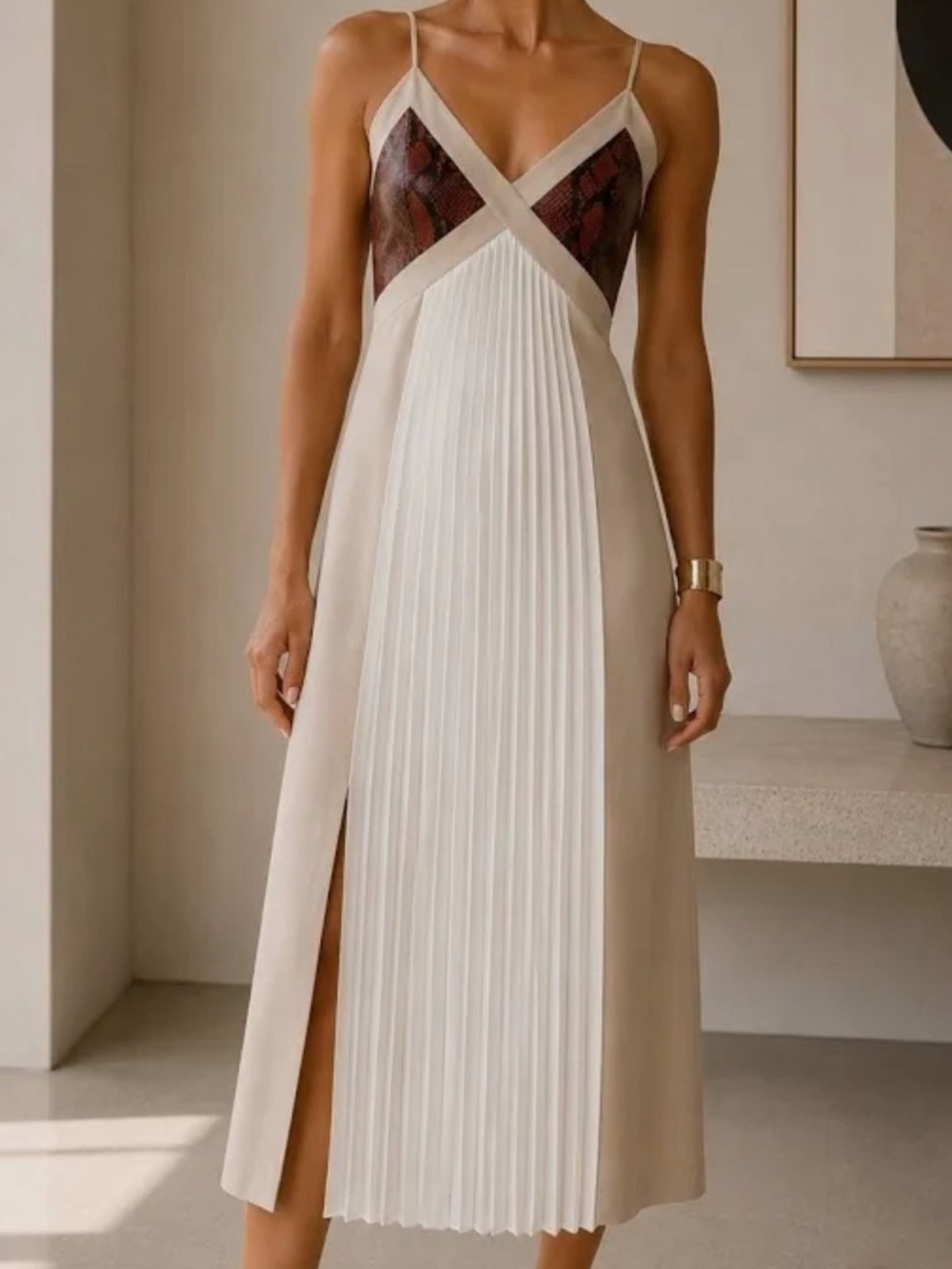 Zara Elegant pleated midi slit dress.